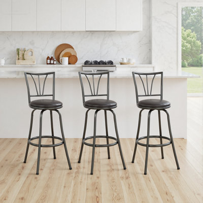 Azalea Park 3- Pack Indoor Adjustable 24" or 29" Black Metal 360° Swivel Barstool, Black Faux Leather Seat