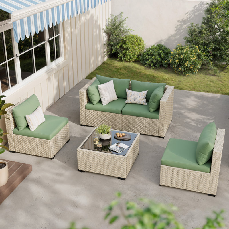 5 Piece Patio Conversation Set With Coffee Table And Cushions, Green