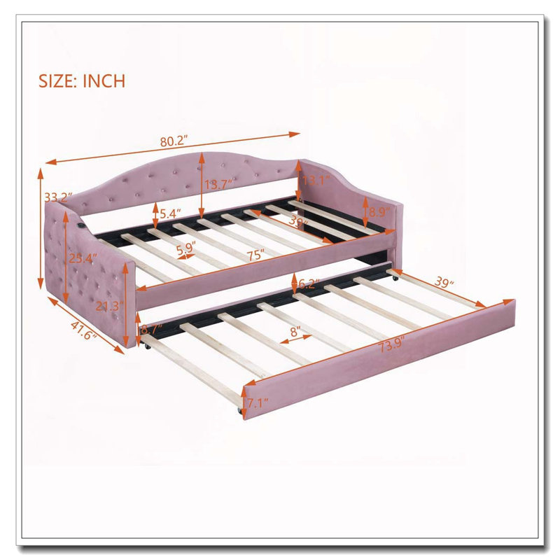 Twin Size Tufted Upholstered Daybed with Trundle, Velvet & USB/Type-C Charging, Pink