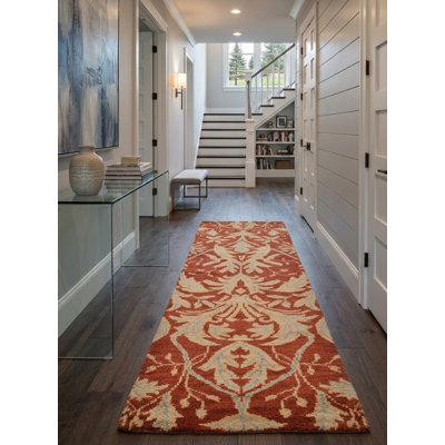 Red | Gold Wool Handmade Floral Indoor Area Rug Hand Knotted Runner
