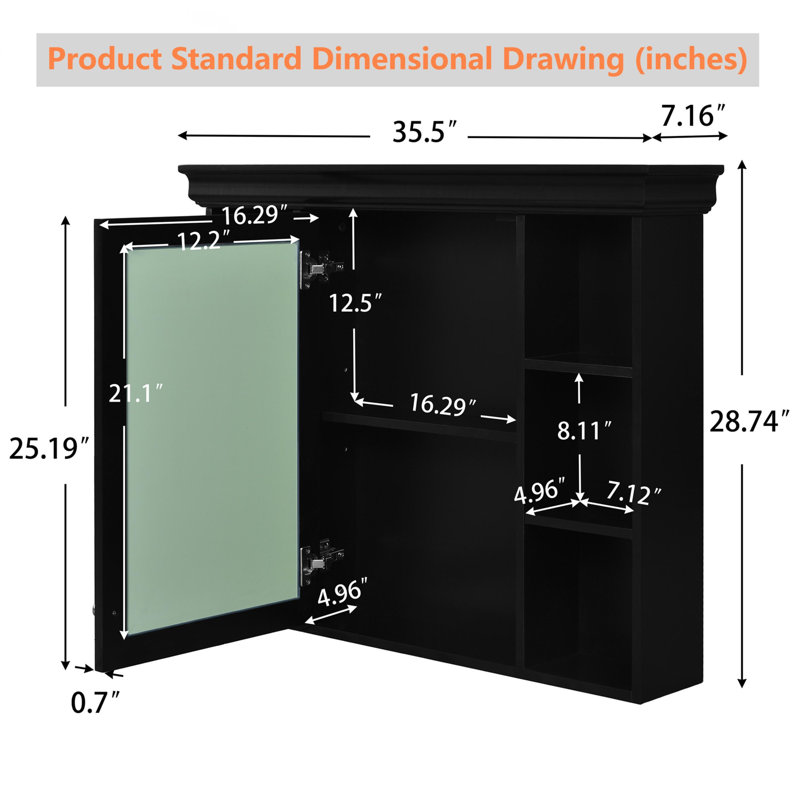 Armoire de rangement murale 35 po x 28 po avec porte miroir et armoire à pharmacie avec 6 tablettes ouvertes