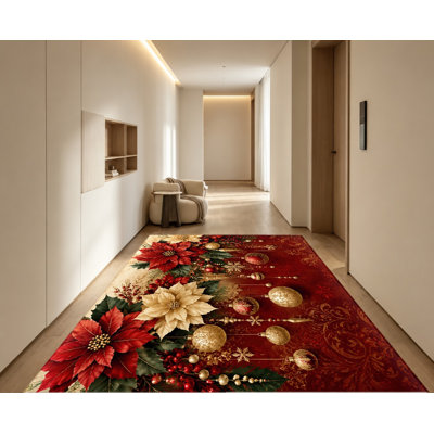 Christmas Poinsettia Machine Washable Area Rug with Non‑Slip Backing, Red Gold Ornaments Pattern Floor Carpet, Cozy Indoor Home Decor for Living Room, Bedroom, Dining, Kitchen, Entryway