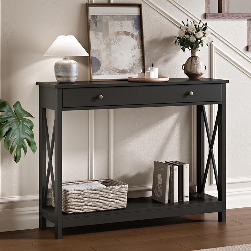 Black Console Table With Drawer And Storage Shelves, Foyer Sofa Table Narrow For Entryway, Living Room, Hallway