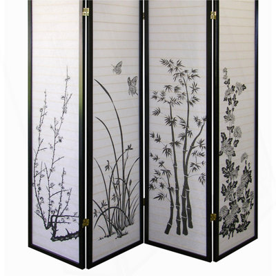 Cloison 70 pouces à 4 panneaux de hauteur / motif floral avec finition noire