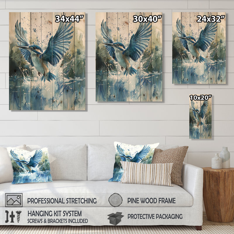 Martin-pêcheur au-dessus de l'eau I - impression sur bois d'oiseau - sur bois de pin naturel, H 20 po x l 10 po x P 0,78 po