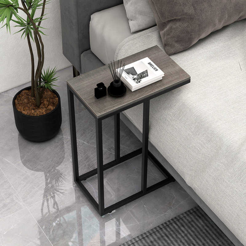C-Shaped End Table For Couch And Bed 64 CM High Sofa Side Table, Grey Wood
