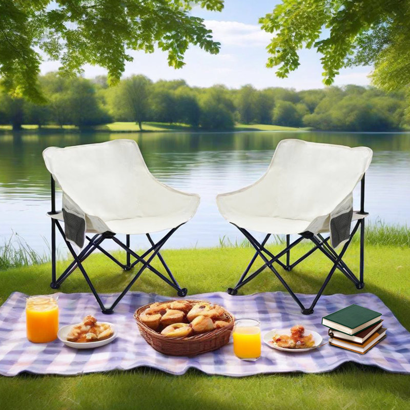 2 chaises pliantes, beige, de camping en plein air, sac de transport, dossier rembourré confortable, poche latérale, structure robuste, support 264 livres, pique-nique, randonnée, plages 2 pièces chaises pliantes beiges avec sac