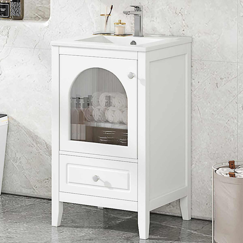 Meuble-lavabo avec lavabo en céramique 20 po, armoire de salle de bain avec porte en verre à fermeture douce, Blanc