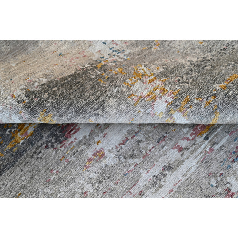 Hand Knotted Abstract Area Rug in Silver/Pink/Gold, Rectangle 8' x 10'