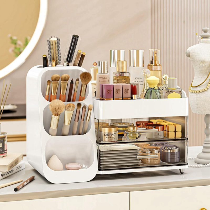 Organisateur de maquillage avec tiroirs, organisateur de comptoir de grande capacité pour meuble-lavabo, Blanc