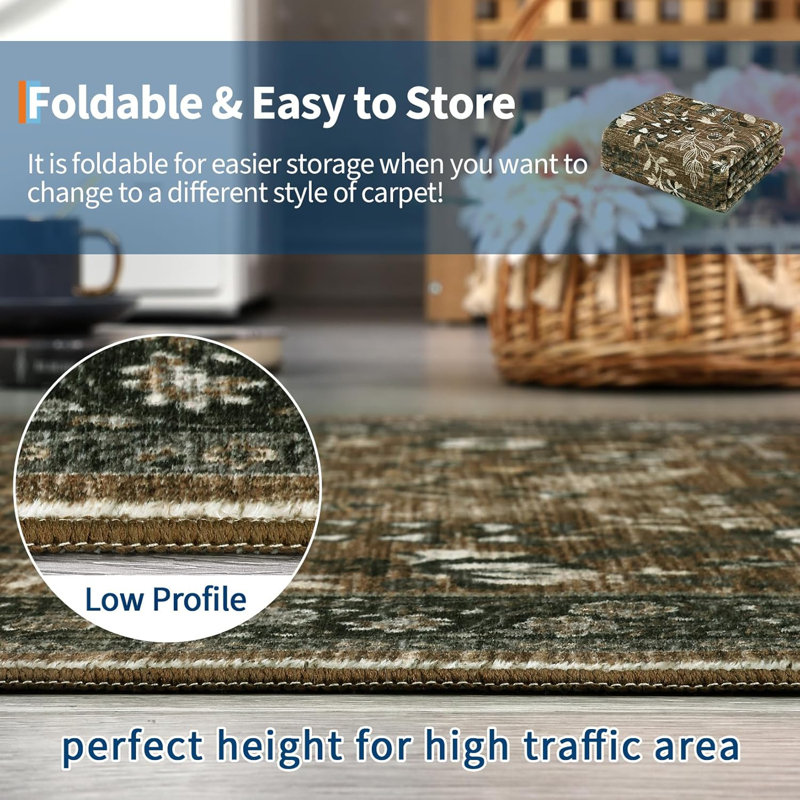 Floral Washable Rug for Hallway, Kitchen, Laundry, Non-Slip, Stain-Resistant, Thin, Entryway, Soft, Long Bedroom Rugs.