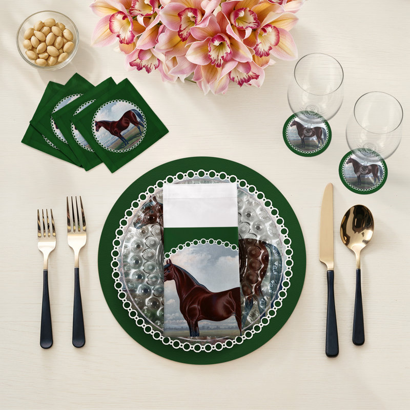 English Thoroghbred Cotton Sateen Cocktail Napkins, Green