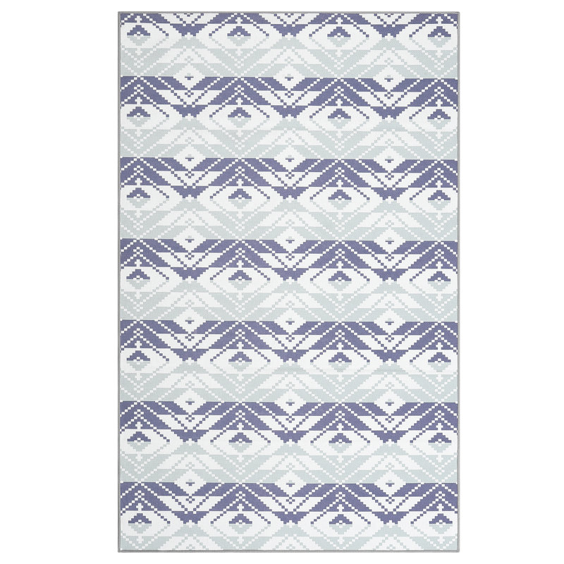 Waterproof & Washable Outdoor Rug - Low-Pile Modern Geometric Patio Carpet - Collapsible, Mark Resistant Area Rug for Backyard, Deck, Camping, Balcony, Living Room - Blue and White, 5x8ft
