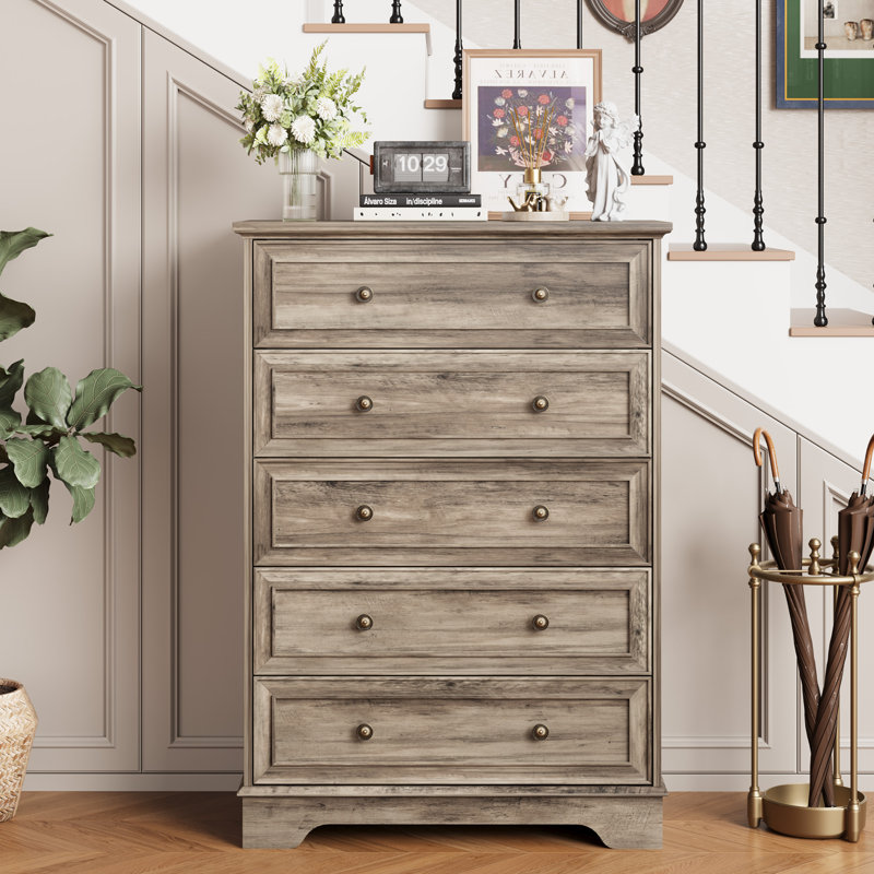 5-Drawers Dresser for Bedroom , Wood Rustic Tall Chest of Drawers with Vintage Design, Farmhouse Closet Organizer for Bedroom, Living Room, Hallway, Grey