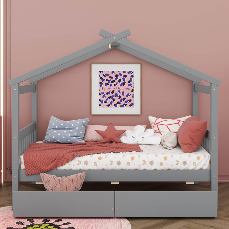  Lit en bois avec tiroirs, Gris