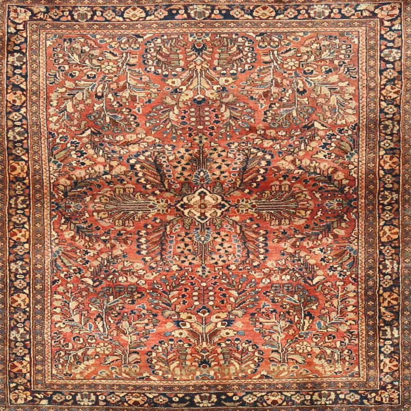 Tapis oriental rouge / brun / beige, Carré 7 pi