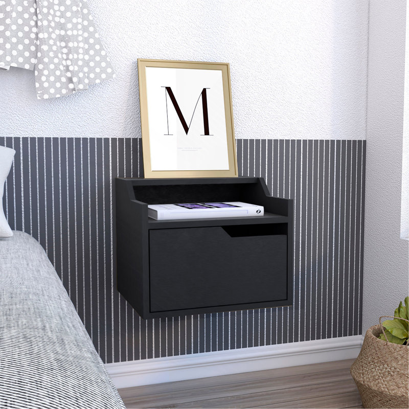 Busan Modern Floating Nightstand , End Table, Side Table Single-Drawer Design With Sleek Two-Tiered Top Shelf Surfaces- Black - Bedroom