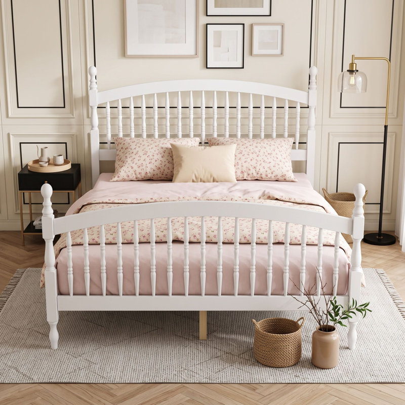 Lit plateforme en bois avec tête et pied de lit, Grand lit, Blanc laiteux