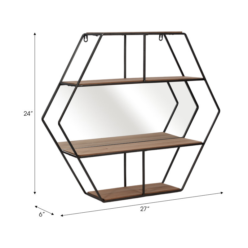 Metal 24" Hexagon Wall Shelf with Mirror, Brown 23.6"H - 26.8" x 5.9" x 23.6" - 27" x 6" x 24"
