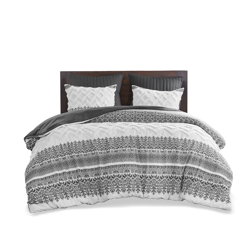 Édredon très grand / très grand en coton 3 pièces avec revers gris uni et touffetage doux en chenille