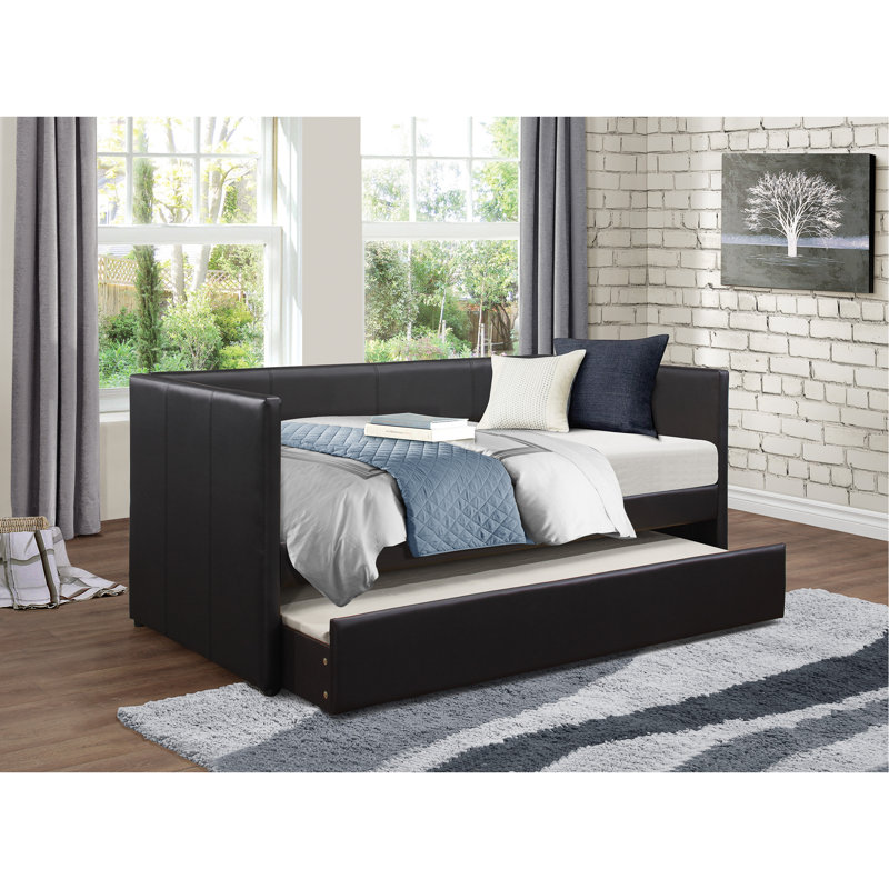 Black Faux Leather Upholstered Contemporary Daybed With Trundle Wooden Furniture 1Pc, Black
