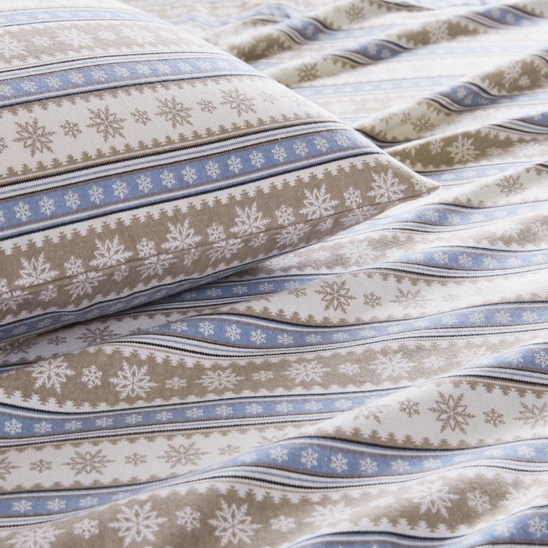 Ensemble de 3 draps en flanelle 100% coton avec flocon de neige bleu, double / double pour matelas de 12 po, élastique, 1 plat et 2 taies d'oreiller, flanelle de flocon de neige lavable à la machine, grand / très grand / très grand 14 po