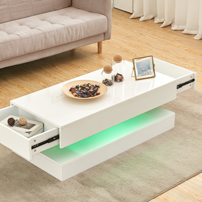 High Gloss White Coffee Table with Led Light Side Drawer Storage