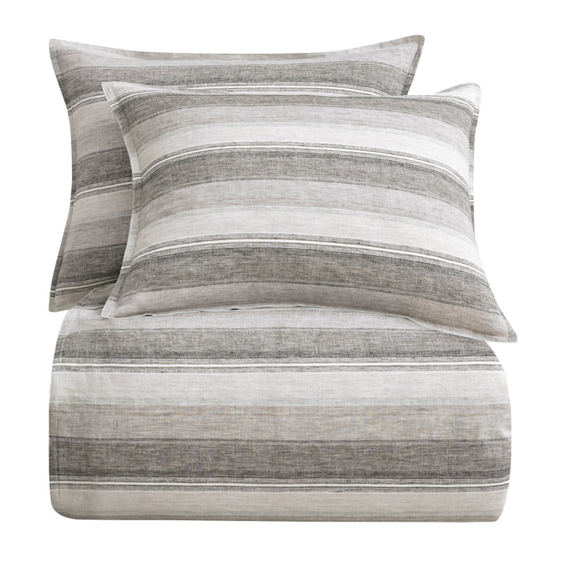 Queen Charcoal and Natural Linen Variegated Stripe Duvet Cover Set