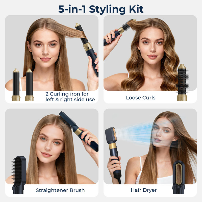 Ensemble de brosse à cheveux 5 en 1, Or / Bleu