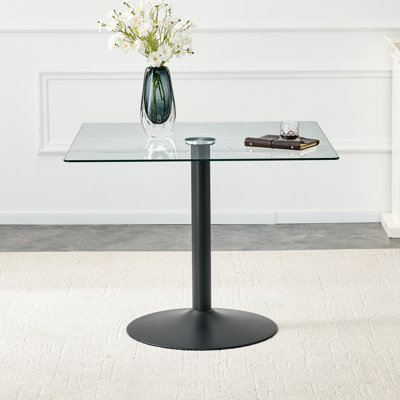 Table de salle à manger 38,5 pouces moderne minimaliste carrée en verre avec base en métal à une colonne. Disponible en noir, or ou argent. Table de salle à manger à domicile. Convient pour 2 à 4 personnes.