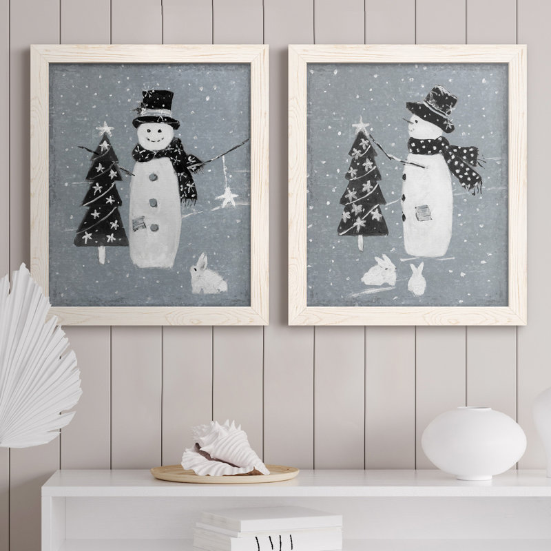 «Snowman Galvanized I», ensemble de 2 reproductions, Pas de tapis, H 24 po x l 36 po x P 1,5 po, Toile blanche encadrée