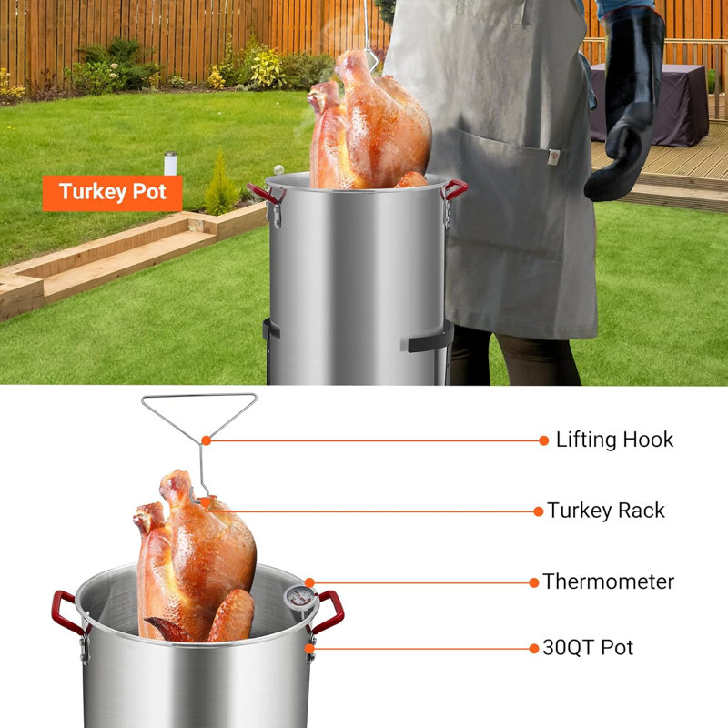 30 Qt Turkey Fryer, Aluminum Seafood Boiler Steamer, Outdoor Deep Fryer with 0-5 PSI Regulator, Fish Fryer Pot with Propane Stove Burner Stand and Thermometer Kit