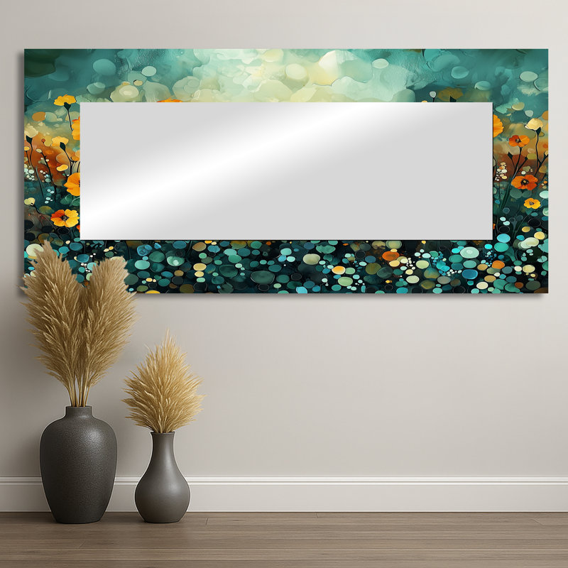 Sunset Marigold Field Of Emeral Layers I - Floral Wall Mirror Art - Printed On Metal, 28" x 60"