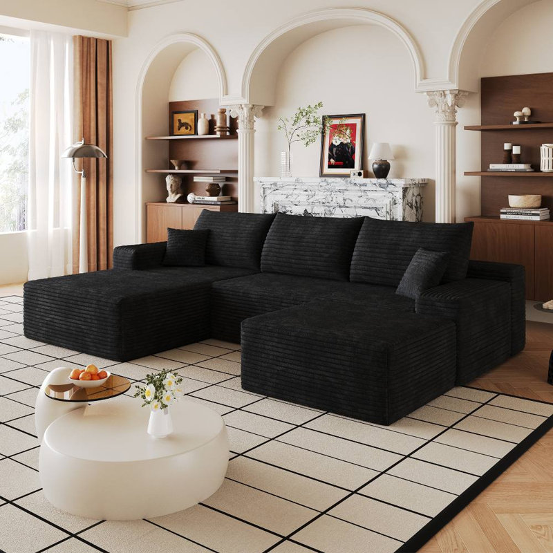 Canapé modulaire Cloud avec 1 repose-pieds (noir), Velours côtelé noir