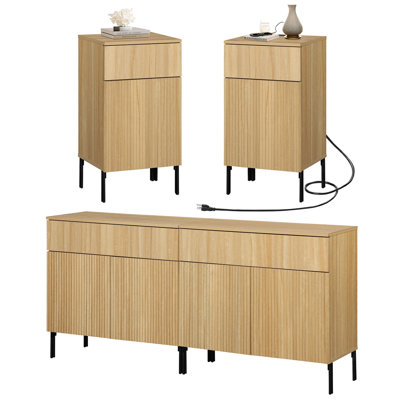 4 Pcs Bedroom Set,Reeded Dresser And Nightstand Sets For Bedroom, Wooden Dresser Set With Doors, Night Stand Of 2 With Charging Station