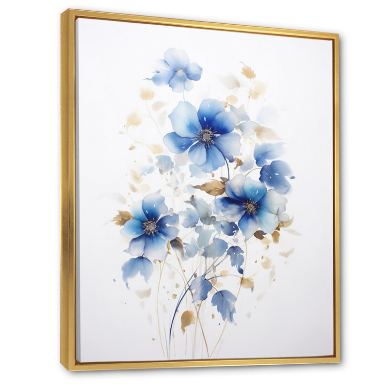 «Delicate Blue Ginko Leaves on White Watercolor I», reproduction sur toile, Cadre flottant doré, H 40 po x l 30 po x P 1,5 po