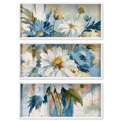 «Daisy Bouquet I Shadowbox Print», art mural floral bleu par Art Remedy, ensemble de 3