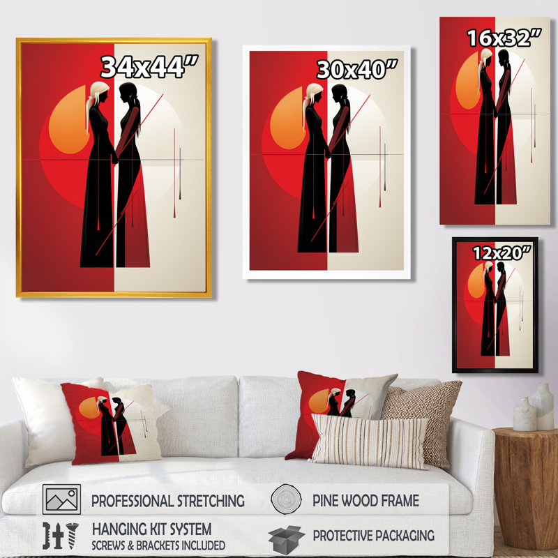 Silhouette géométrique Couple tenant par la main - Couple, art mural, H 20 po x l 12 po x P 1 po, Toile tendue