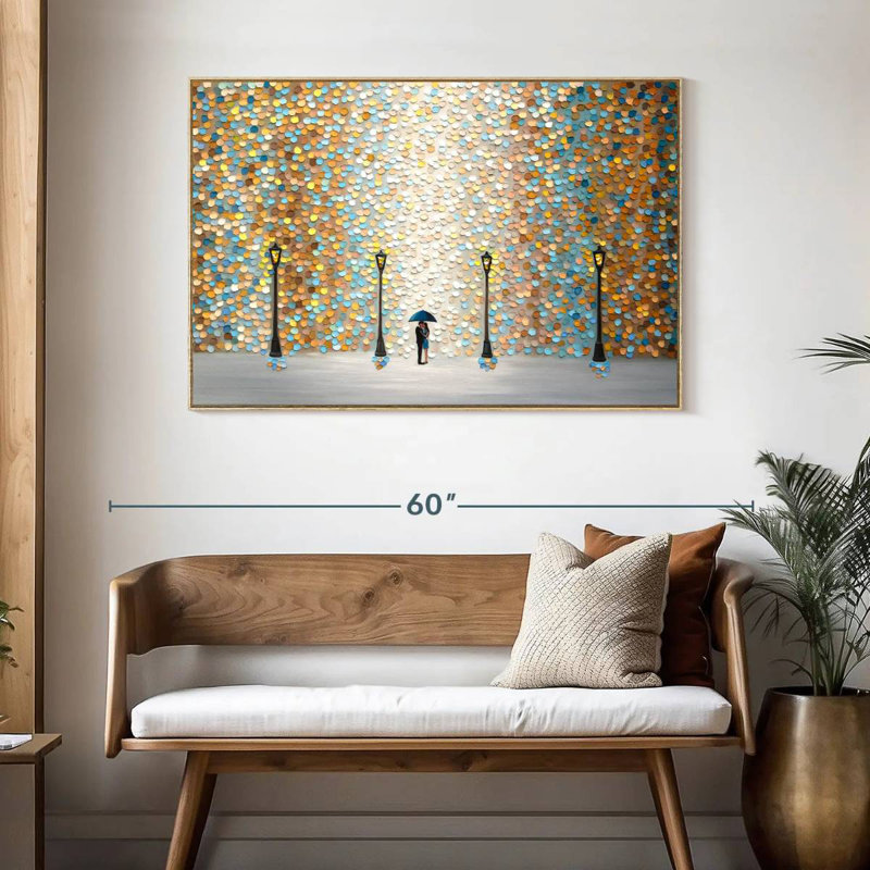 Baiser sous la pluie dorée, Cadre flottant en bois naturel, 46 po x 31 po