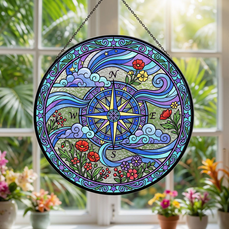 Panneau de vitrail Compass Rose, H 12 po, H 12 po