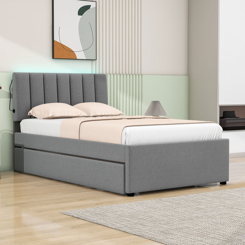 Lit plateforme tapissier simple avec lit gigogne simple Rikelme, gris