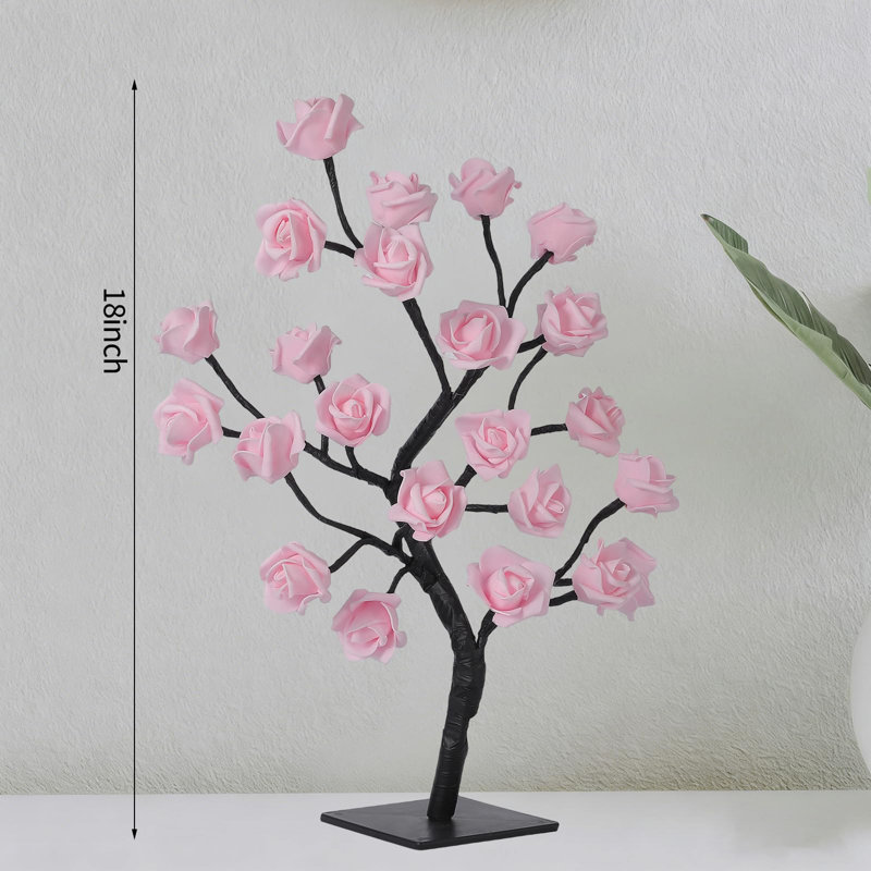 Lighted Artificial Bonsai Tree with 48 Warm White LEDs, Battery & USB Powered, Rose