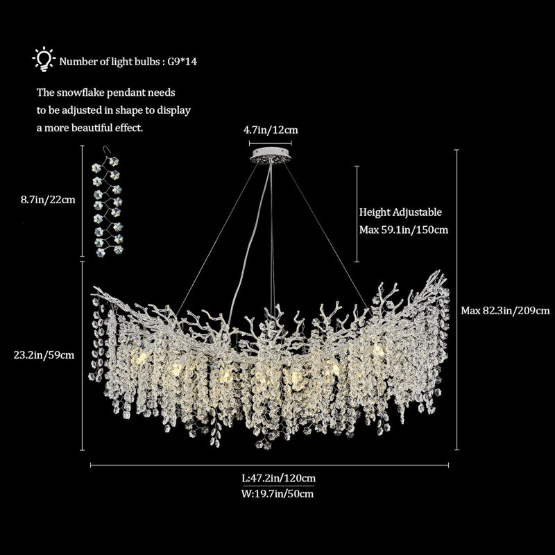 Lustre moderne en cristal K9, H 17,72 po x l 47,24 po x P 19,69 po, Argent argent, 14 lumières