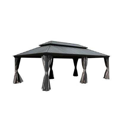 Pavillon de jardin avec toit en acier galvanisé, 14 x 22 pi, structure en aluminium gris, gouttière intégrée, rideau et filet pour système de gouttière de jardin de 14 x 22 pi, terrasse