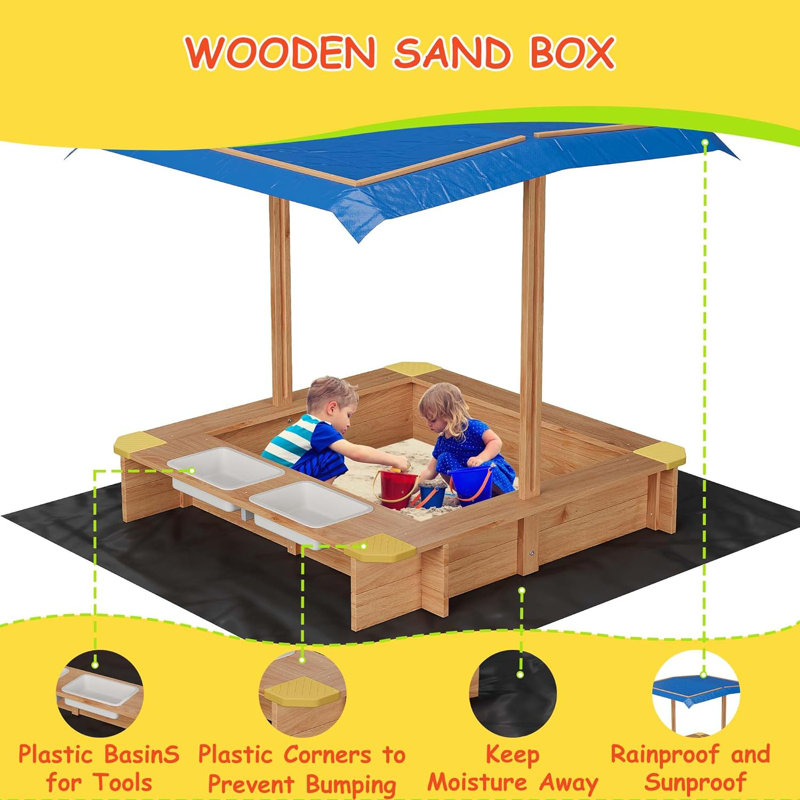 Wooden Sandbox With 2 Plastic Boxes, Outdoor Sand Box With Bottom Liner, Adjustable Height & Rotatable Canopy, Anti-Collision Design