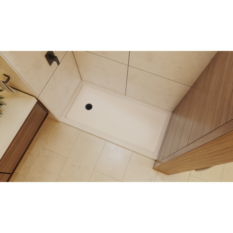 DreamLine SlimLine 32 inch D x 60 inch W x 2 3/4 inch H Single Threshold Biscuit Alcove Shower Base with 2 inch Matte Black Left Round Drain