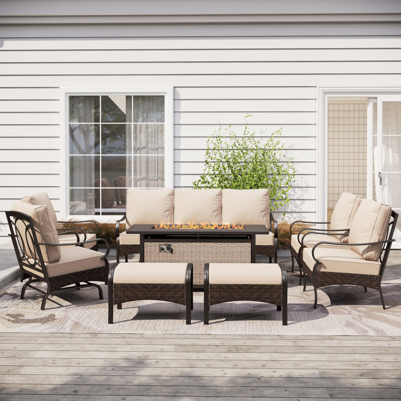 Sherborn 7-Person Rocking Powder Coated Steel Outdoor Seating Group with Cushions, Yes