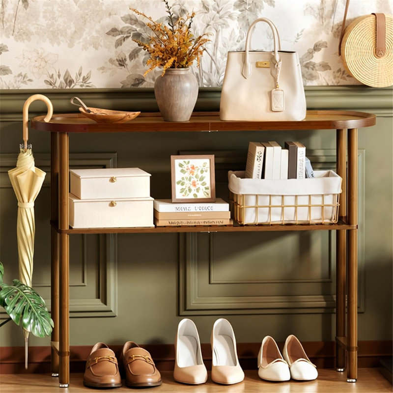 Console de style champêtre en bambou avec plateau ovale, rebord surélevé anti-chute, rangement à 2 niveaux, table d'appoint étroite pour canapé ou entrée, noyer foncé