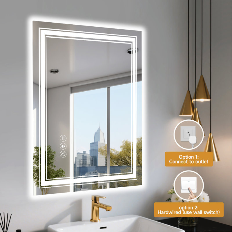 Miroir de salle de bain 28 po x 36 po à DEL sans cadre, miroir intelligent, 28 po x 36 po
