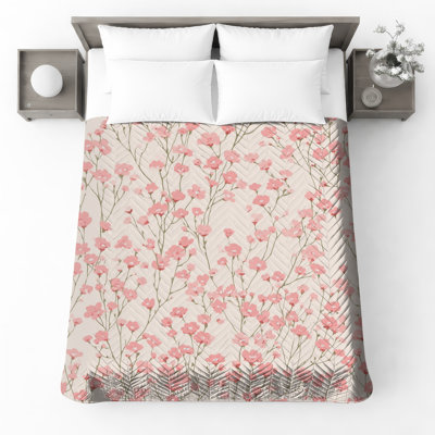 Pink Floral Pattern Quilted Bedspread All Sizes